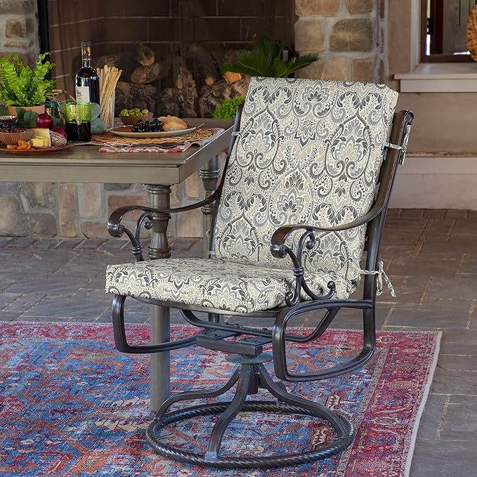 Arden Outdoor Dining Chair Cushion, 20 in x 20 in, Weather-Proof, Rain-Proof, Fade Resistant Patio Cushion for Patio, Dining, or Rocking Chairs 20 x 20, Neutral Aurora Damask