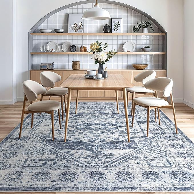 Vintage Living Room Area Rug 8x10 - Large Soft Washable Oriental Traditional Distressed Farmhouse Rugs for Bedroom - Indoor Floor Accent Carpet for Home Office House Decor - Distressed Blue