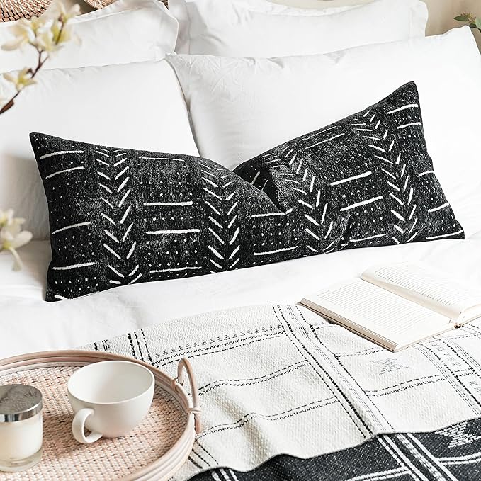 BLISSBLUSH Black Decorative Lumbar Pillow Cover 14X36, Boho Lumbar Throw Pillow For Bed, Long Decorative Pillow Case, Modern Accent Throw Pillow, 14 x 36 Textured Lumbar Pillow Decorative (COVER ONLY)