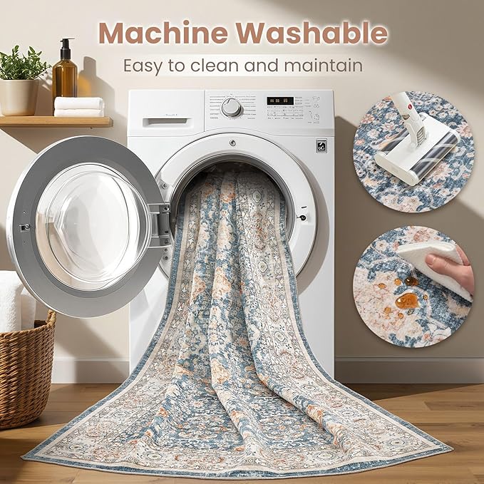 Vintage Living Room Area Rug 5x8 - Large Soft Washable Oriental Traditional Distressed Farmhouse Rugs for Bedroom - Indoor Floor Accent Carpet for Home Office House Decor - Dark Blue