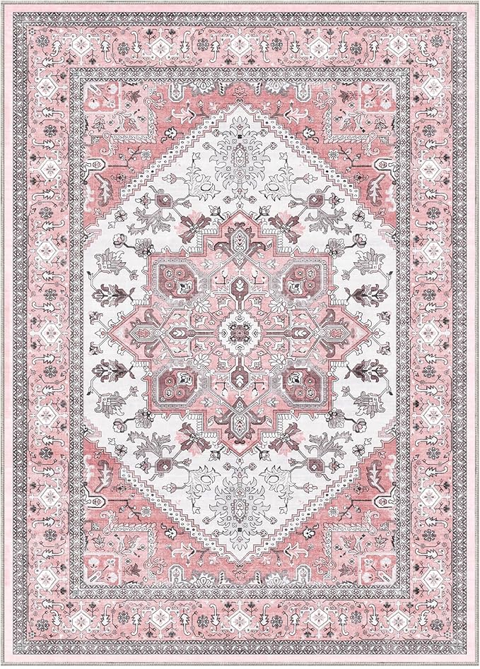 OPPODREAM Thin Area Rugs 4x6, Low-Pile Washable Rugs 4x6 with Non Slip Backing, Faux Cashmere 4 x 6 Throw Carpet, Pink & Cream