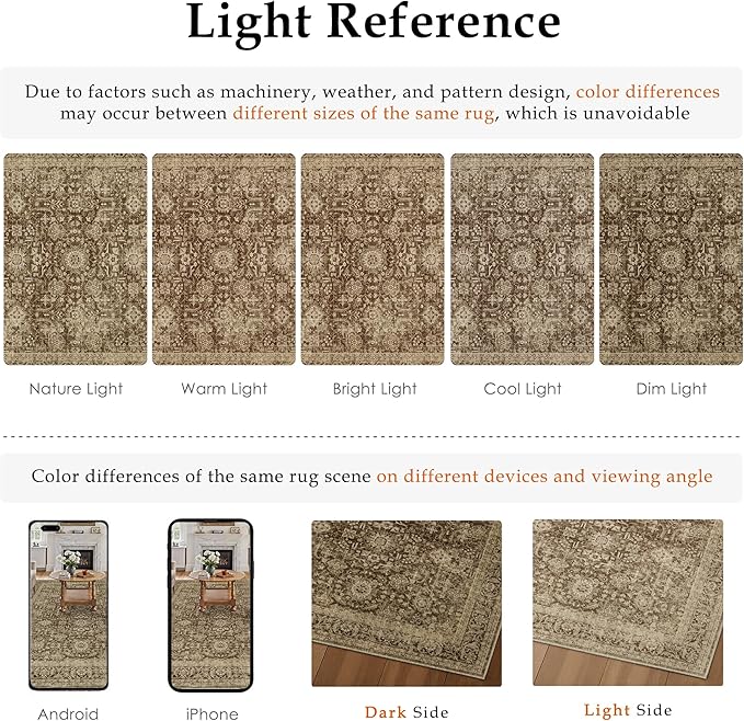 Brown 6x9 Area Rug Non Slip Vintage Living Room Distressed Machine Washable Carpet Retro Indoor Bedroom Traditional Floral Accent Throw Rug for Office Kitchen Dorm Dining Room
