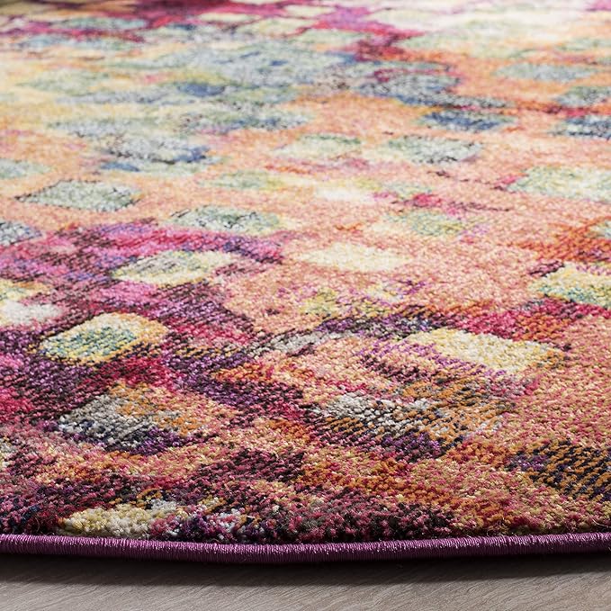 SAFAVIEH Monaco Collection Area Rug - 8'8" Round, Pink & Multi, Boho Chic Abstract Watercolor Design, Non-Shedding & Easy Care, Ideal for High Traffic Areas in Living Room, Bedroom (MNC225D)