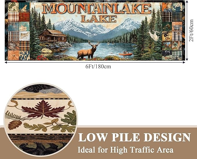 Retro Elk Runner Rug 2x6ft with Boat and Alpine Flowers - Bohemian Washable Rug Thick Anti-Fatigue Mat for Entryway, Geometric Art Pattern Living Room Hallway Entrance Decor