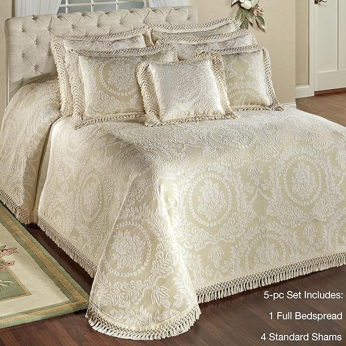 Timeless Vintage Style Bedding with Fringe Edges | Neutral Sage and Ecru | Textured Matelasse Rose Medallions and Leaves | 5-Pc Lightweight Bed Set: Oversized Full Bedspread & 4 Standard Pillow Shams