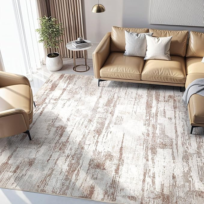 Abstract Living Room Rug 5x7 - Modern Washable Soft Thin Area Rug for Living Room Bedroom Under Dining Table - Neutral Indoor Floor Rug Carpets for Home Office Playroom Nursery - Light Brown
