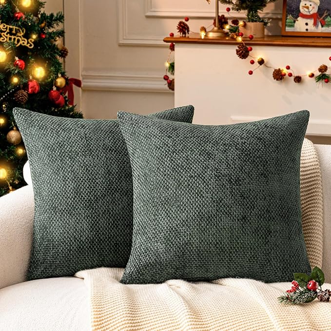 a moment Christmas Dark Green Chenille Throw Pillow Covers 20x20 Inch Pack of 2 Modern Decorative Throw Pillow Covers Farmhouse Cross Covers Home Decor for Sofa Bedroom Living Room