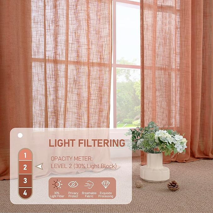 LAMIT Terracotta Linen Curtains for Bedroom, 84 Inch Length Light Filtering Semi Sheer Panels Back Tab and Rod Pocket Fall Decor Drapes for Living Room, 2 Panels, 34 x 84 Inch