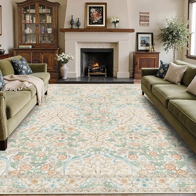 MUJOO 8x10 Area Rugs,Floral Washable Rugs for Living Room Dining Room Bedroom,Large Throw Carpet,Boho Non Slip Indoor Floor Big Soft Neutral Vintage Ultra-Thin Light Green and Beige