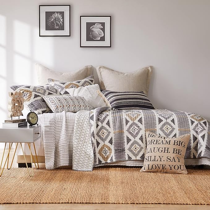 Levtex Home Tobago Stripe Taupe Reversible Twin XL/Twin Quilt Set (68x86in) with 1 Pillow Sham (26x20in) - Striped - Taupe, White - Cotton Twin Size Quilt Bedding Set - Lightweight, Soft, Pre-Washed