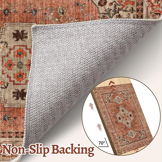Tangsoo Boho 6x9 Area Rug Washable for Living Room, Vintage Rug Indoor Non Slip Large Area Rugs, Print Distressed Terracotta Carpet, Soft Low Pile Rug Foldable Floor Rugs for Bedroom Dining Room Dorm