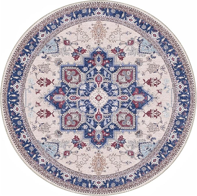 OPPODREAM Thin Round Rug 3ft, Washable Circle Rug 3ft with Non Slip Backing Play Room, Low-Pile Carpet 3 ft, Small Faux Cashmere Throw Carpet, Navy Blue & Red & Cream