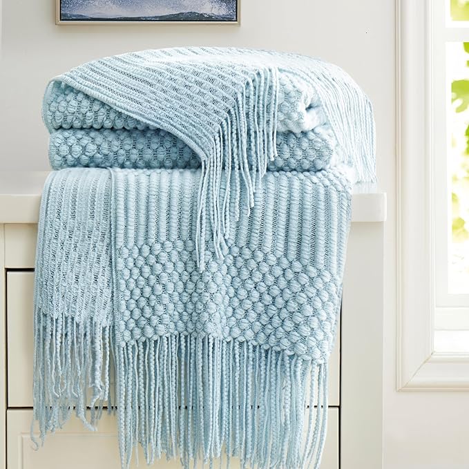 Light Blue Knitted Decorative Ball Throw Blankets for Couch, Bedroom and Officeroom,Textured Fade Resistant Soft and Warm Knit Blanket with Tassel,50"x60"