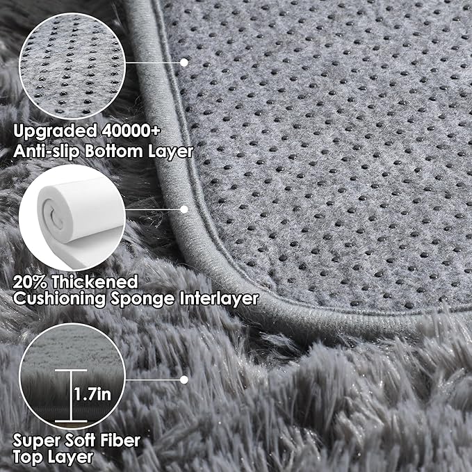 ONASAR Grey Area Rugs for Bedroom Living Room, Fluffy Fuzzy Shag Shaggy 4x6 Bedside Rug, Gray Washable Soft Plush Indoor Floor Carpet for Nursery Kids Girls Boys Teen Dorm Home Office Decor Aesthetic