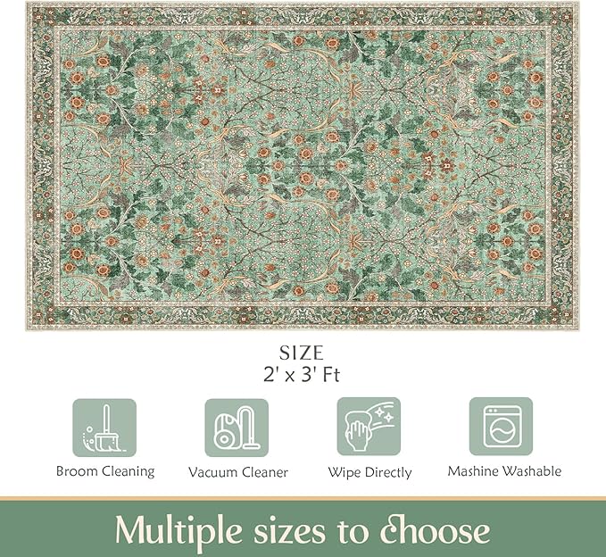 MUJOO 2x3 Washable Rug,Green Floral Small Area Rugs for Bathroom Entryway Entry Bedroom Bedside,Boho Front Door Mat Indoor Entrance Throw Carpet Botanical Vintage Non Slip Ultra-Thin