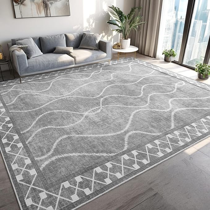 Washable Area Rug 8x10, Non-Slip Rugs for Living Room Bedroom, Low Pile Large Soft Alfombras, Modern Bordered Home Floor Rugs for Kids Playroom Office Dining Room Farmhouse, Light Grey
