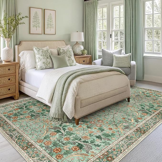 MUJOO Green Washable Rugs 8x10,Floral Area Rug for Living Room Dining Room Bedroom,Large Throw Carpet,Boho Non Slip Indoor Floor Big Soft Botanical Vintage Ultra-Thin