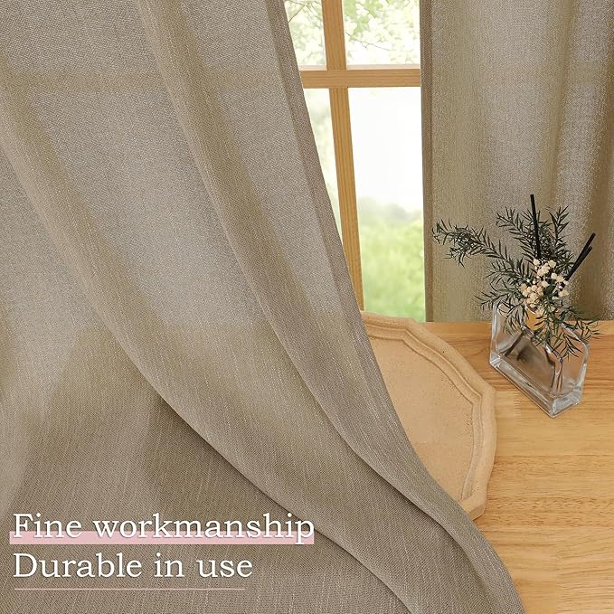 Simplebrand Taupe Faux Linen Textured Semi Sheer Curtains 108 Inches Long 2 Panels for Living Room, Privacy Extra Long Light Filtering Farmhouse Thick Window Drapes for Large Window, 50 x 108 Inch