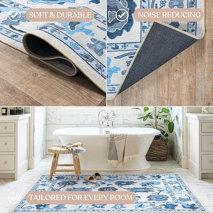 Fame Living Navy Blue Oushak Rug, Modern, Vintage, Turkish, Eclectic, Floral, Pastel, Washable, Extra Large Area Rugs for Living Room, Dining, Bedroom, Lounge, 9'x12'