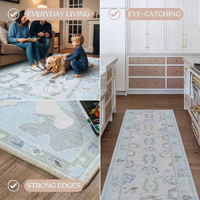 Fame Living Cream Blue Oushak Rug, Modern Rugs, Vintage, Turkish, Eclectic, Floral, Pastel, Washable, Small Throw, Accent Area Rug for Living Room, Bedroom, Kitchen, Bathroom, 2'5"x4'9"