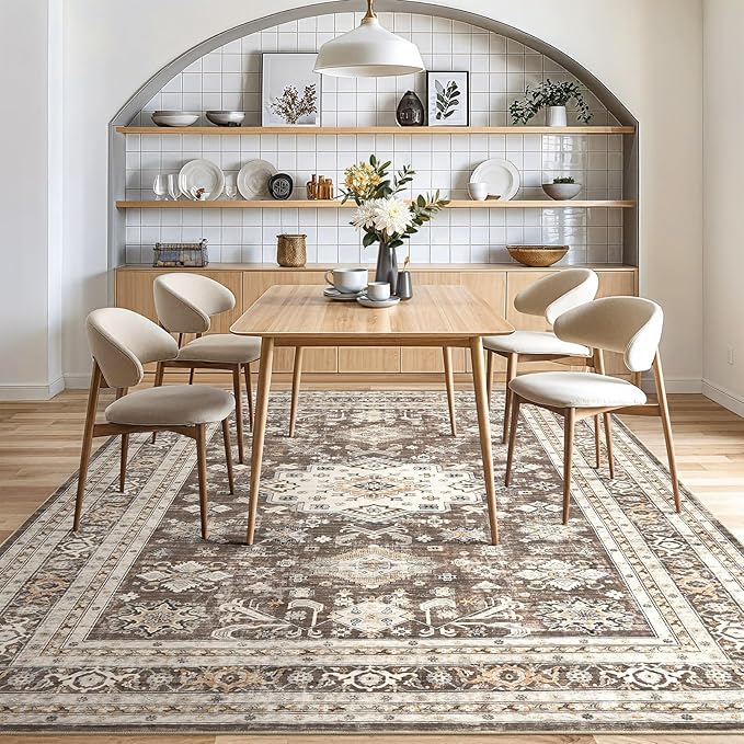 Vintage Living Room Area Rug 7x9 - Large Soft Washable Oriental Traditional Distressed Farmhouse Rugs for Bedroom - Indoor Floor Accent Carpet for Home Office House Decor - Dark Brown