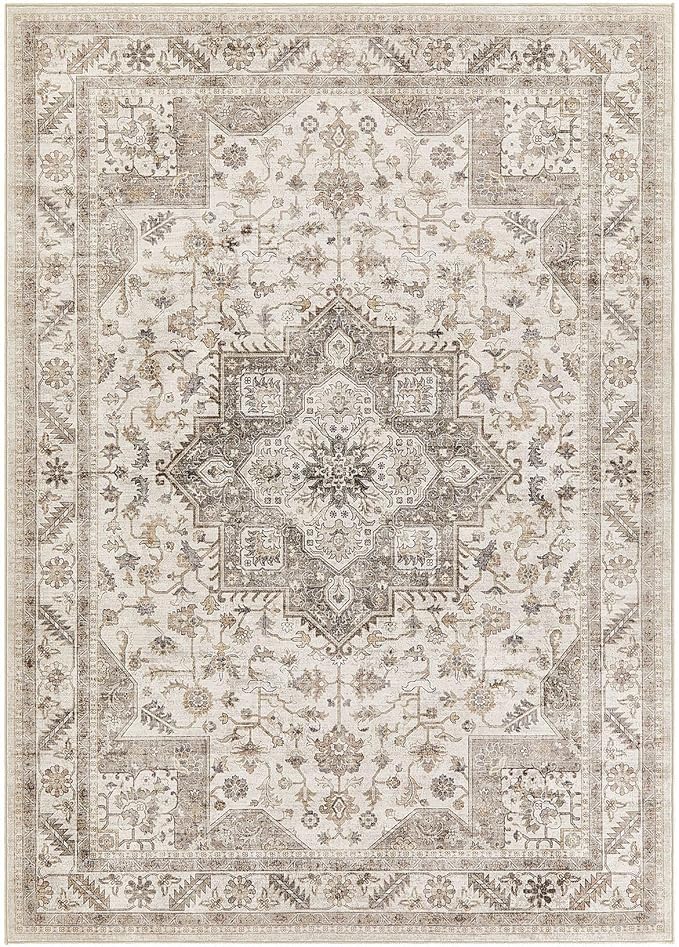 Vintage Living Room Area Rug 10x14 - Large Soft Washable Oriental Traditional Distressed Farmhouse Rugs for Bedroom - Indoor Floor Accent Carpet for Home Office House Decor - Light Brown