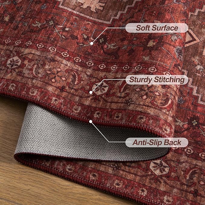 Tangsoo 3x5 Washable Rugs Oriental Area Rug, Vintage Non Slip Indoor Accent Rug, Print Distressed Dark Red Carpet, Soft Low Pile Rug for Living Room Dining Bedroom Bedside Entryway