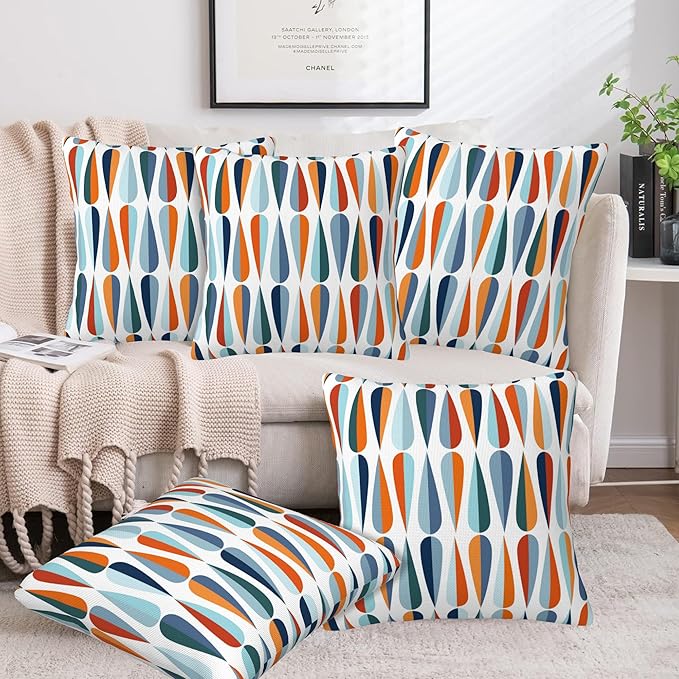 Mid-Century Drop Shapes Throw Pillow Cover Case Modern Retro Style Throw Pillows Set of 2 Super Soft Pillow Covers 16x16 Inches Farmhouse Home Decor for Living Room Bedroom Sofa Couch Cushion Cover