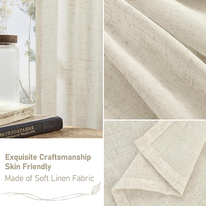 LAMIT Natural Linen Semi Sheer Window Curtains 54 Inch, Light Filtering Neutral Bedroom Curtains Farmhouse Boho Back Tab and Rod Pocket Panels, Cream Ivory, 2 Panels, 52 x 54 Inch