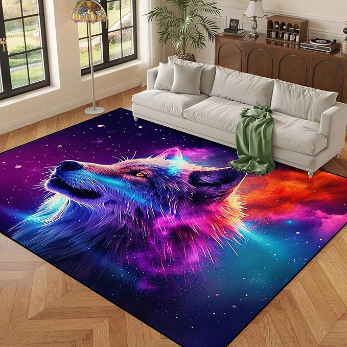 5' X 7' Galaxy Wolf Rug 3D Fierce Wolves Area Rugs for Bedroom Living Room Playroom Gameroom Boys Kids Colorful Glitter Throw Rugs Floor Mat Carpet