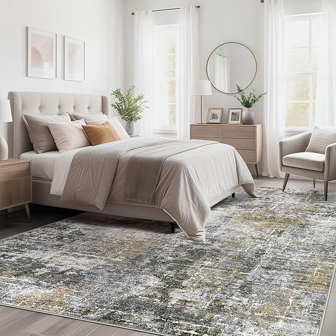 Abstract Living Room Rug 10x14 - Modern Washable Soft Thin Area Rug for Living Room Bedroom Under Dining Table - Neutral Indoor Floor Rug Carpets for Home Office Playroom Nursery - Black Gold