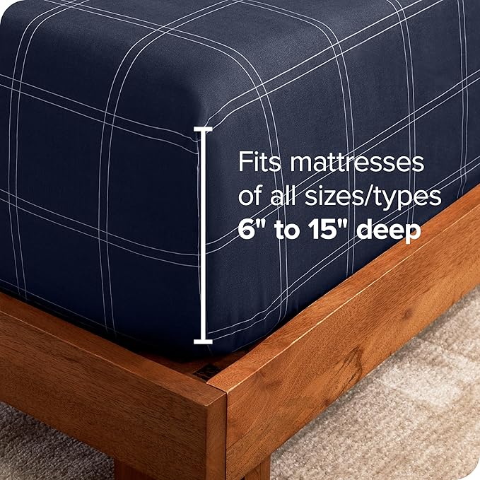 Fitted Bottom Sheet Twin Size - Premium 1800 Microfiber - Ultra-Soft Hotel Luxury - Deep Pocket - Durable and Long Lasting - Fitted Sheet (Twin, Modern Plaid - Midnight Blue/White)