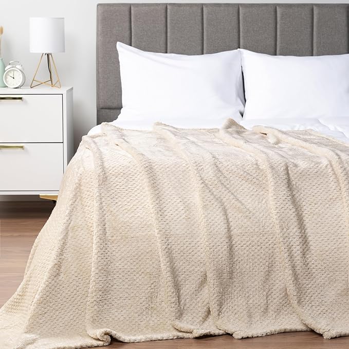 PAVILIA Beige Cream Throw Blanket for Couch, Twin Bed, Soft Fleece Throws for Sofa Chair, Fuzzy Waffle Textured Blanket, Cozy Warm Lightweight All Season Blanket Throw, 60x80