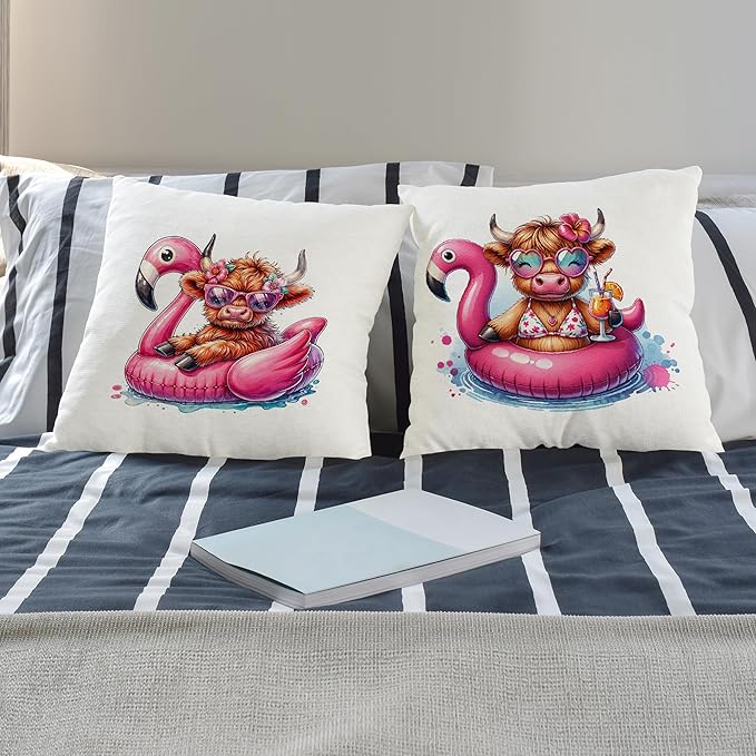 Hot Pink Summer Cow Pillow Covers 18x18 Set of 2, Cow Room Decor, Coastal Beachy Trendy Aesthetic Cute Fluffy Cows Decorative Throw Pillow Covers for Home Bedroom Living Room