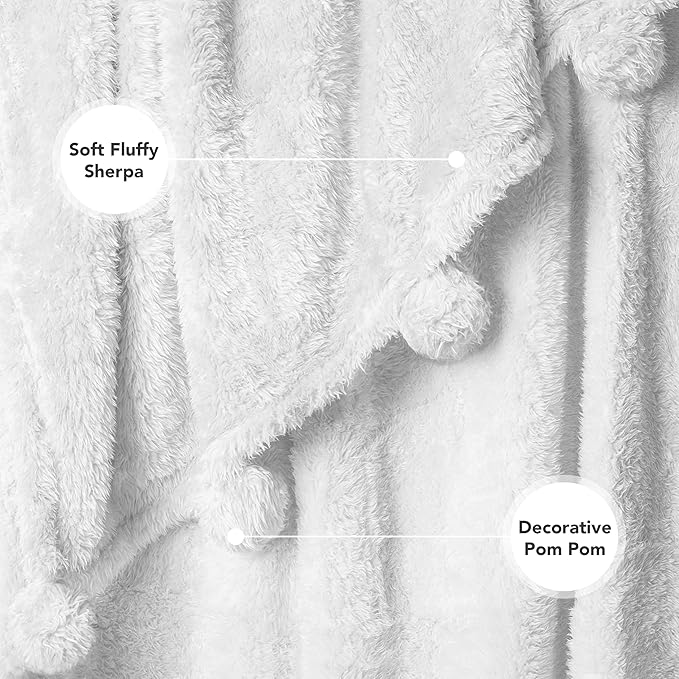 Pavilia Sherpa Throw Blanket - Warm Plush Fuzzy Pom Pom Blanket for Couch, Soft Cozy Fluffy, White, 50x60