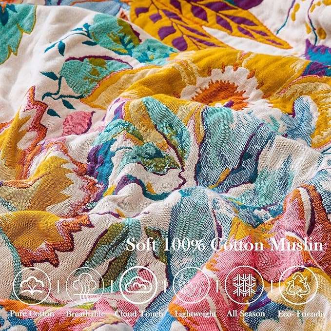 Farmhouse Throw Blanket, 60"x 80" Boho Throw Blankets for Couch Cover, 100% Cotton Bohemian Vintage Quilt for All Seasons Reversible Florals Lightweight Picnic Blankets Home Decoration