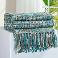 Multi-Color Teal Cable Knitted Throw Blanket for Couch,50"X60" Boho Style Textured Blankets for Home Decor,Super Soft Warm Cozy Chunky Knit Blanket with Decorative Tassels for Bed and Sofa