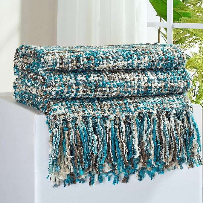 Multi-Color Teal Cable Knitted Throw Blanket for Couch,50"X60" Boho Style Textured Blankets for Home Decor,Super Soft Warm Cozy Chunky Knit Blanket with Decorative Tassels for Bed and Sofa