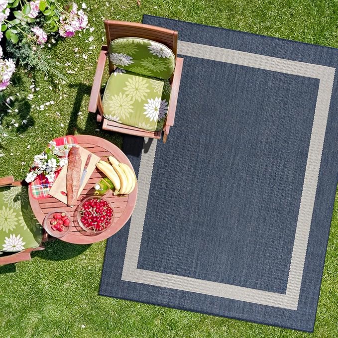 CAMILSON Outdoor Rug 6x9, Modern Outside Rugs for Patios Porches Waterproof Durable Washable Non-Shedding, Easy-to-Clean Indoor Outdoor Area Carpet (6 x 9, Bordered - Blue/White)