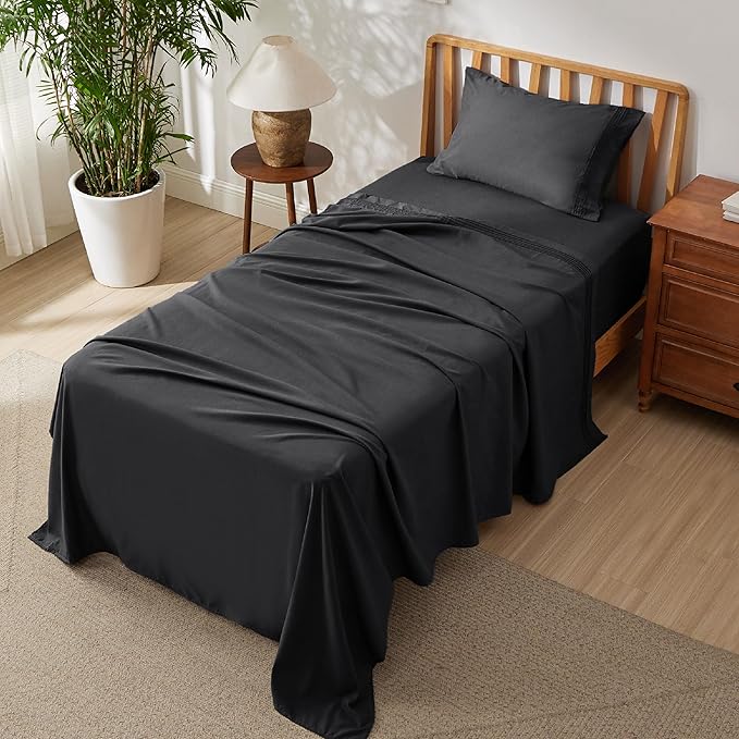 Bedsure Deep Pocket Twin Sheets Set - Fits Mattresses Up to 21 Inches Thick -3 Piece GentleSoft Bed Sheets, Moisture Wicking, Soft & Cooling Bedsheet & Pillowcases, Easy & Secure Fit, Black