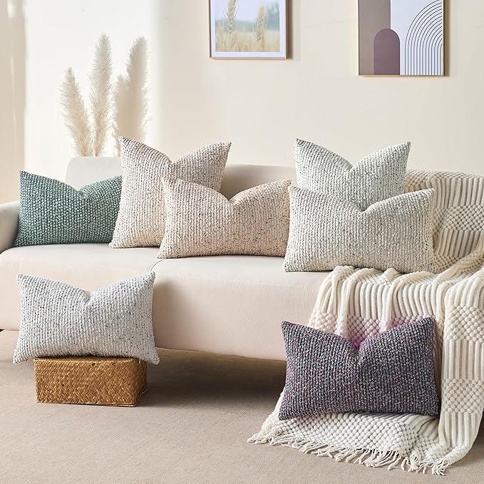 Decorative Couch Throw Pillow Covers 24x24 Purple Striped Soft Wool Pillow Covers Neutral Textured Boho Cushion Covers for Modern Farmhouse Sofa Bedroom Living Room Decor SY011-E24