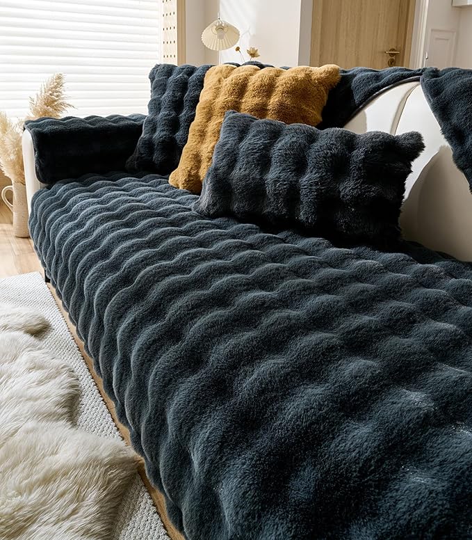 Faux Fur Couch Cover Fuzzy Soft Plush Thick Bubble Sofa Cover Luxury Sectional Couch Covers Luxury Anti-Slip Sofa Slipcover Washable Furniture Protector (Dark Grey,36"x47")