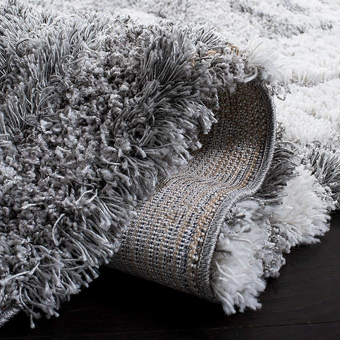 SAFAVIEH Horizon Shag Collection Area Rug - 11' Square, Grey/Ivory, Geometric Design, Ideal for High Traffic Areas in Living Room, Bedroom, Dining (HZN890F)