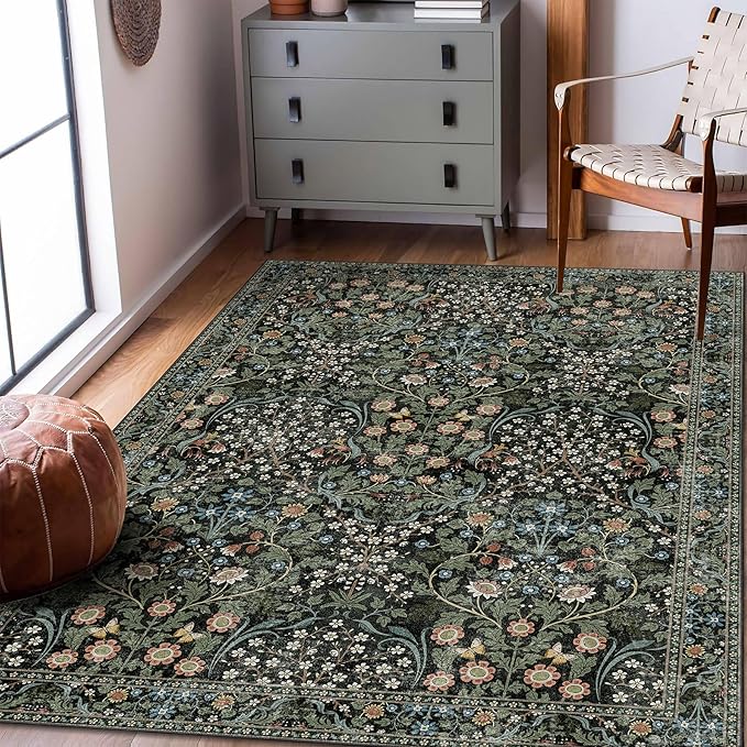 MUJOO 3x5 Rug Washable,Floral Area Rug for Bedroom Office Entryway Living Room Bedside,Small Throw Carpet Boho Non Slip Indoor Floor Botanical Vintage Ultra-Thin Black and Green