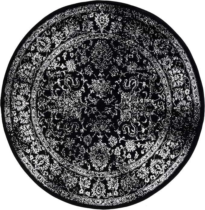 SAFAVIEH Adirondack Collection Area Rug - 4' Round, Black & Ivory, Distressed Vintage Floral Design, Non-Shedding & Easy to Clean, Ideal for Living Room, Bedroom, Dining (ADR109Z)