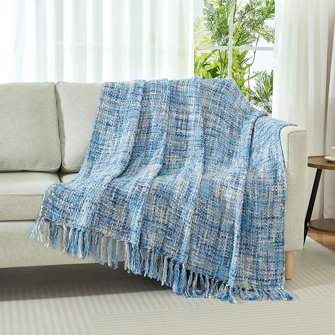 Multi-Color Light Blue Cable Knitted Throw Blanket for Couch,50"X60" Boho Style Textured Blankets for Home Decor,Super Soft Warm Cozy Chunky Knit Blanket with Decorative Tassels for Bed