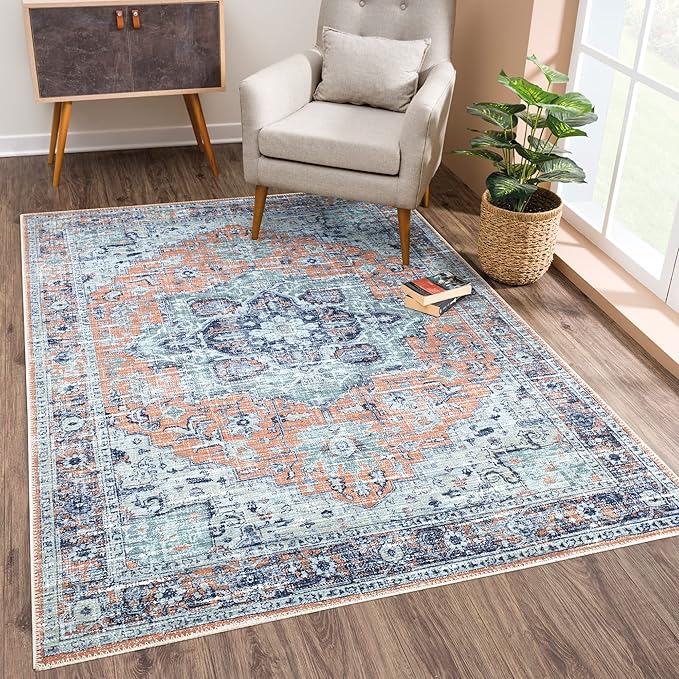 Bloom Rugs Washable Non-Slip 6' x 9' Rug - Peach/Blue Traditional Area Rug for Living Room, Bedroom, Dining Room, and Kitchen - Exact Size: 6' x 9'