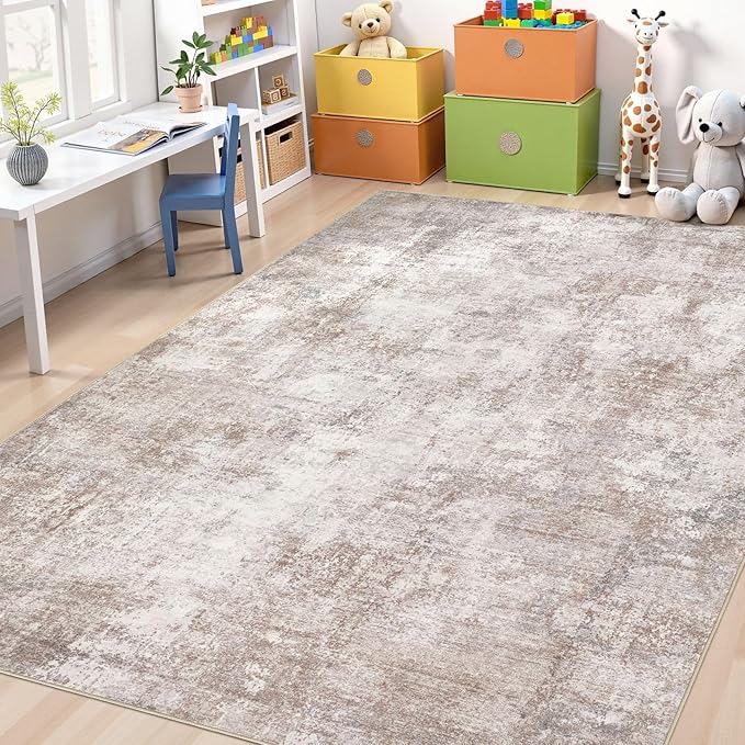 Washable 7x9 Area Rug: Modern Abstract Soft Non-Slip Indoor Rugs Home Decor - Low Pile Stain Resistant Foldable Rug for Living Room Bedroom Dining Room Playroom Office(Brown,7'X9')