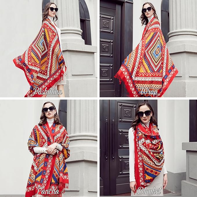 DANA XU 100% Merino Wool Pashmina Shawl for Women 96"x43", Oversized Cashmere Wrap with Tassels, Floral Travel Blanket Cape