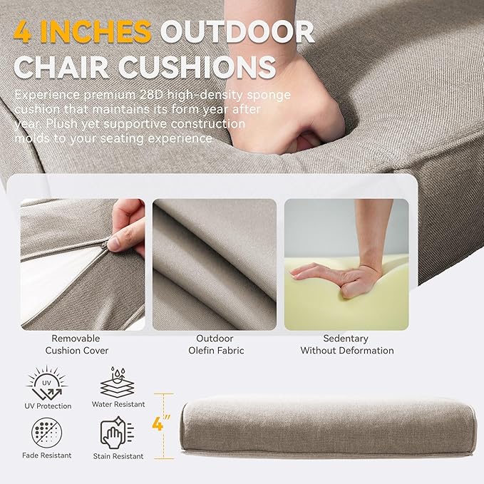 Patio Cushions for Outdoor Furniture - 22" x 25" x 4" UV Resistant Thick Foam Cushions Water Resistant Replacement Cushion for Outdoor Patio Furniture Chair/Sofa/Couch | Beige | 3-Pack |